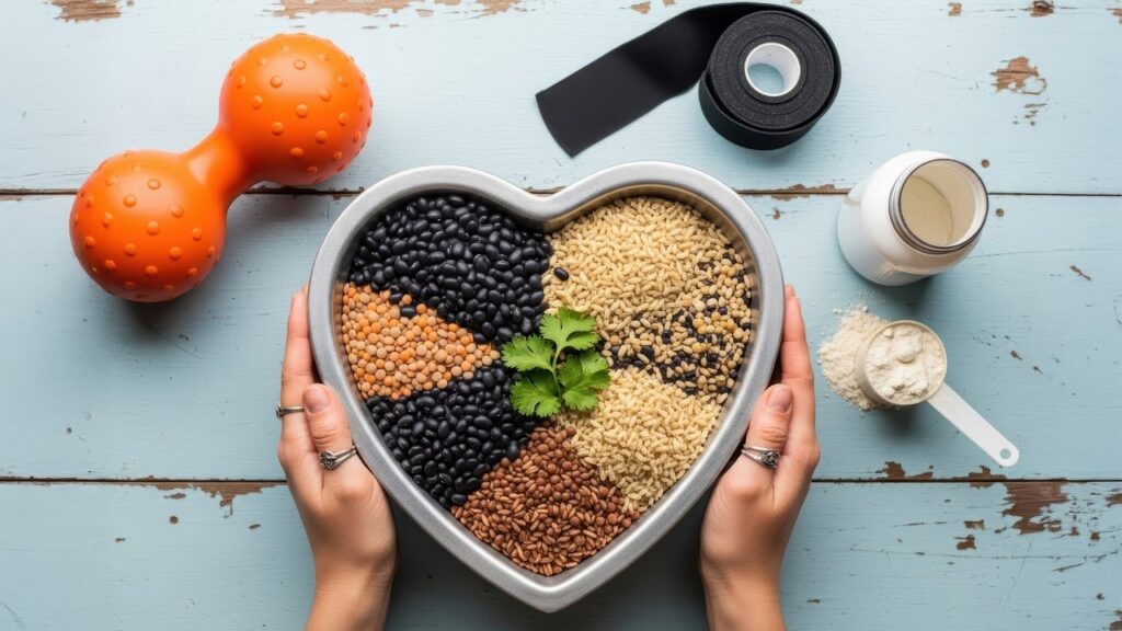 nutrition, proteins, grain, beans, rice, lentils, supplement, dust, dumbbells, orange, blue, fitness, muscle, diet, carbohydrates, healthy, food, energy, sport, building, body, gym, training, ingredients, generated by ai